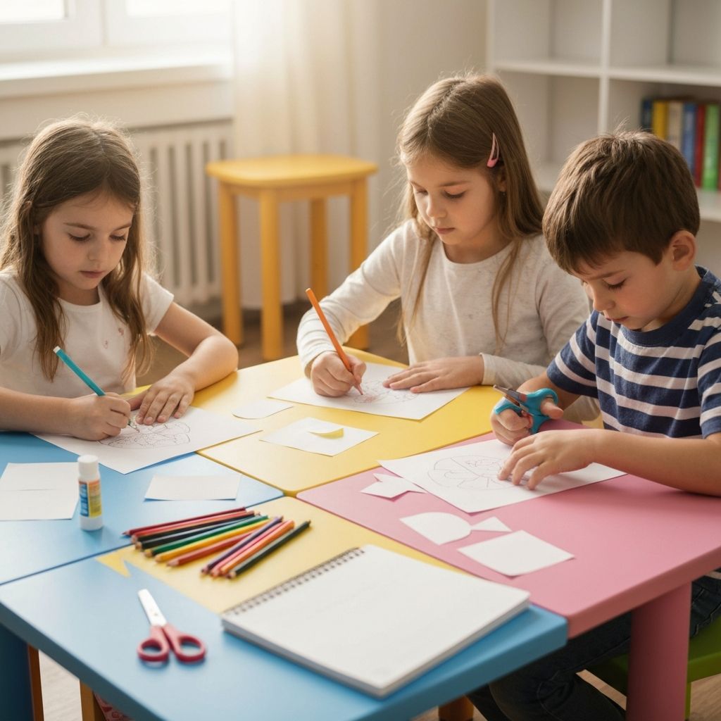 Crianças felizes e concentradas fazendo atividades educativas