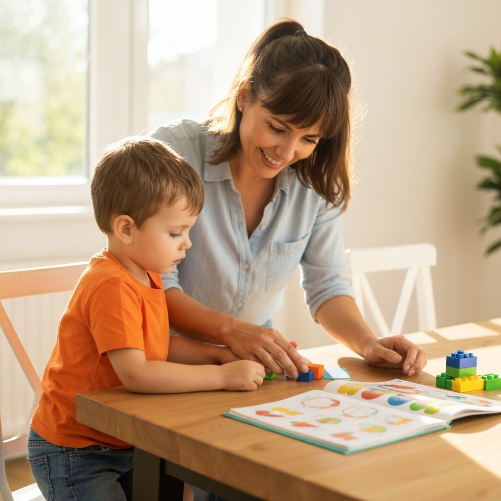 Mãe ajudando filho a aprender em casa